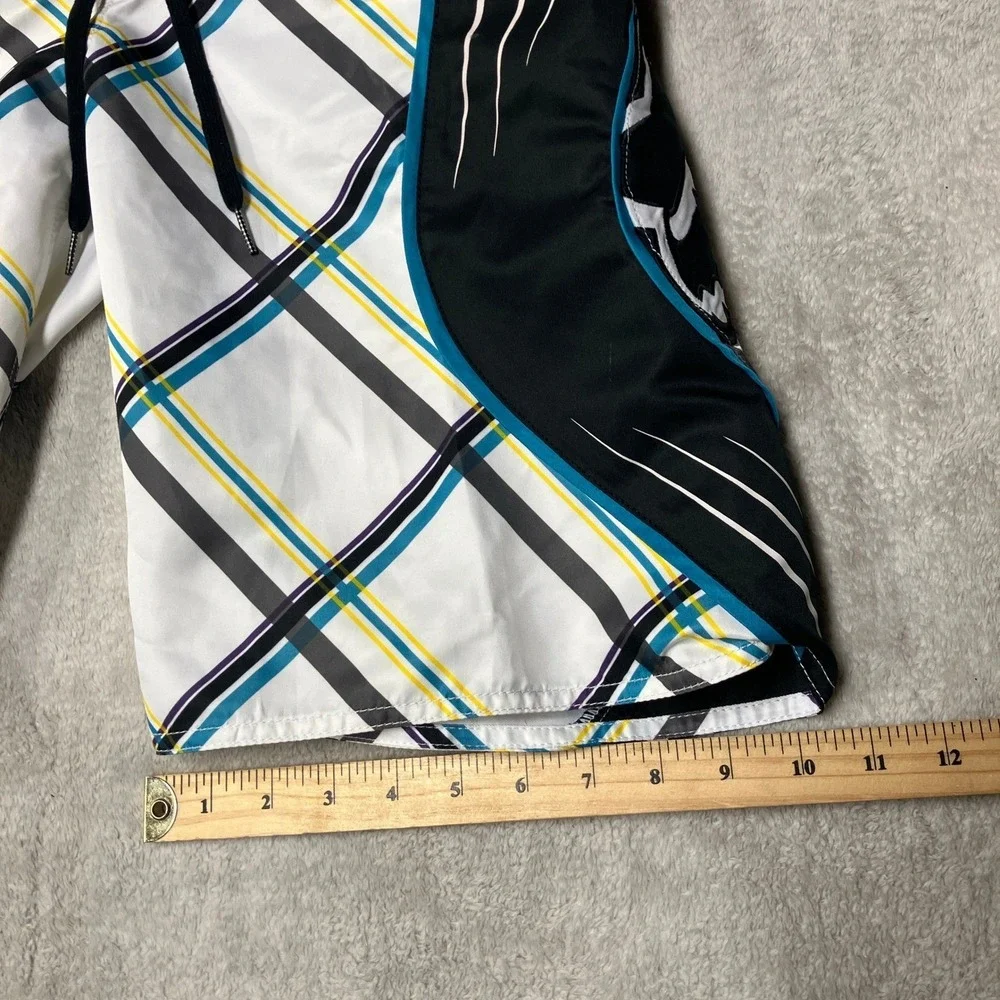 Y2K Fox Racing Board Shorts Plaid Geometric Abstract Big Logo Mens 30